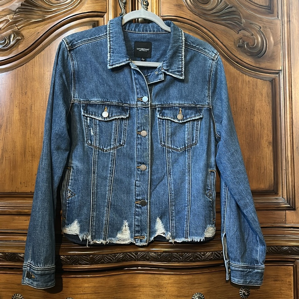 NEW Liverpool Stylish Blue Shredded Hem Denim Jacket for Women Large